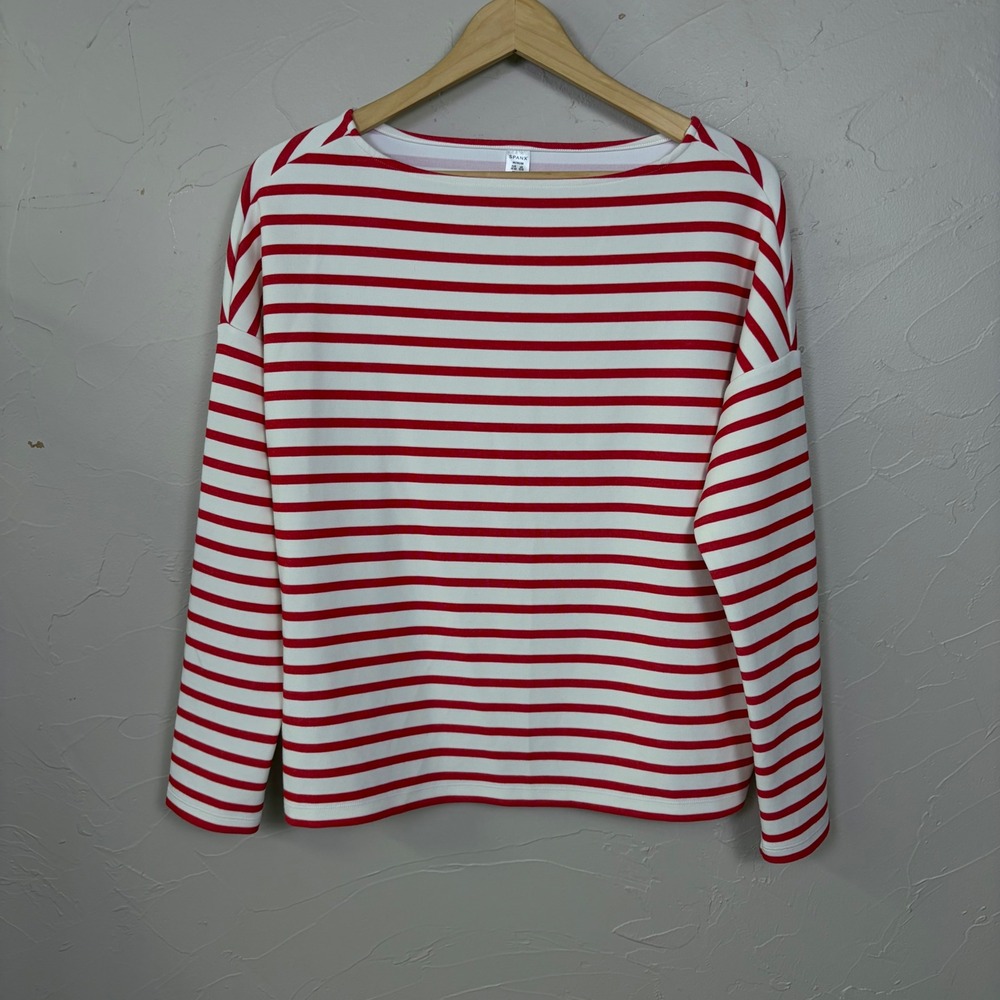 Spanx AirEssentials Top Womens Size M Red White Striped Boat Neck Long Sleeve